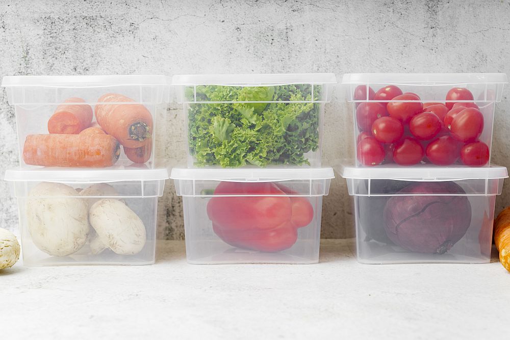 Six plastic food containers filled with carrots, lettuce, cherry tomatoes, mushrooms, a red bell pepper, and a red onion are neatly arranged on a white surface against a light background.