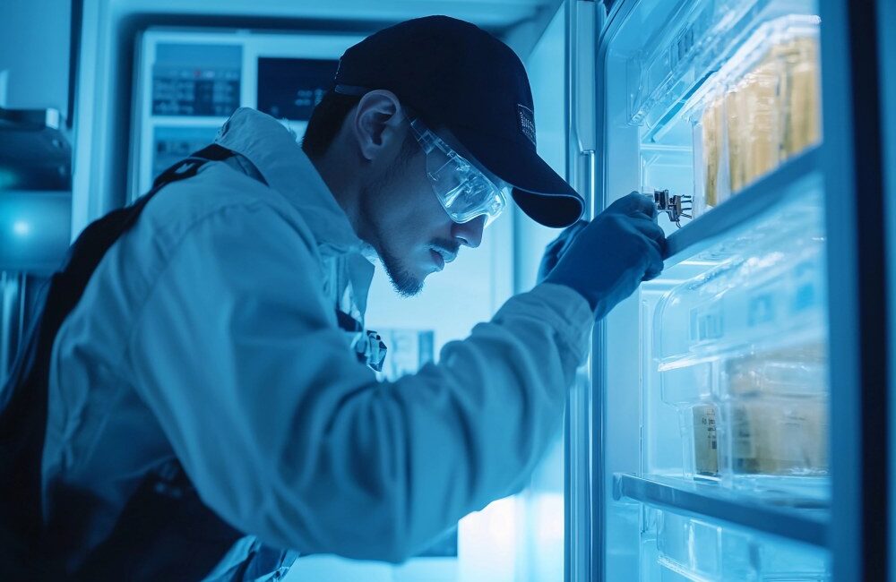A person in protective clothing and gloves examines samples stored in a refrigerated unit under blue lighting, highlighting the importance of Refrigerator Repair Singapore for professional cooling system repairs.